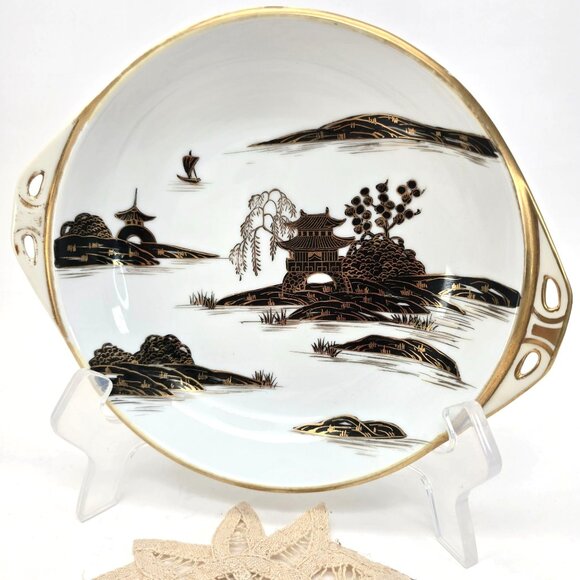 Nippon Japanese Porcelain Serving Bowl With Gold & Black Landscape & Doilie je17 - Picture 5 of 9